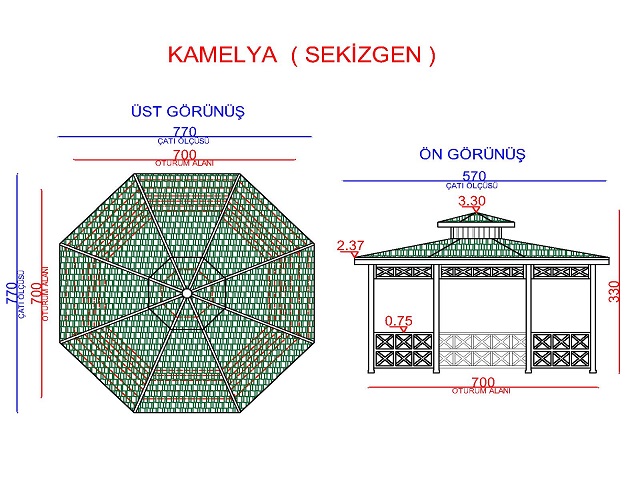 Ahşap Kamelya - Çardak ve Gazebo Modelleri  / Ahşap Kamelya Sekizgen 600(L)x600(W)x330(H) - 70174  Teknik Resim